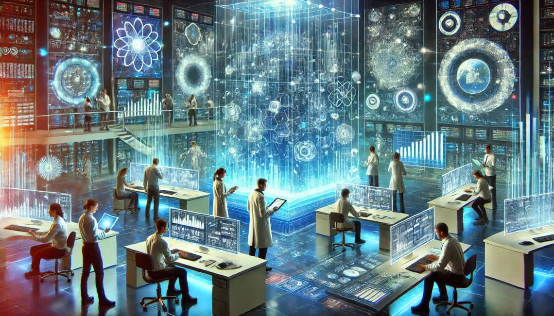 AI-generated image of scientists working collaboratively with their data.